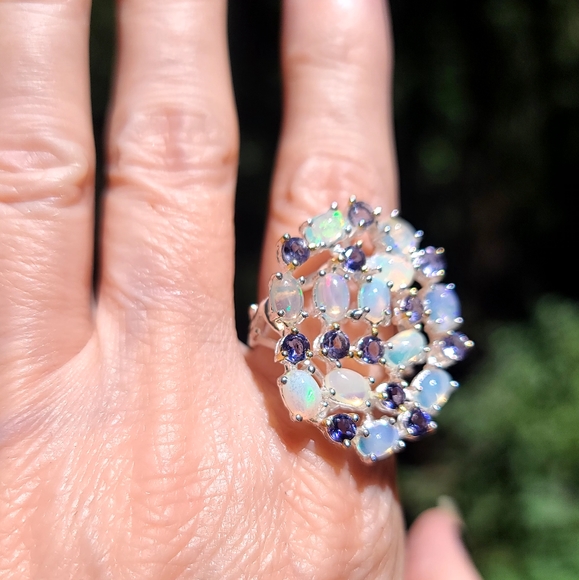 Blue Opals & Lolite 925 sterling cocktail ring sz 8.5 - Picture 3 of 8